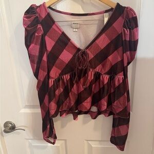 Anthropologie Maeve Pink Plaid Velvet Babydoll Top, size Medium